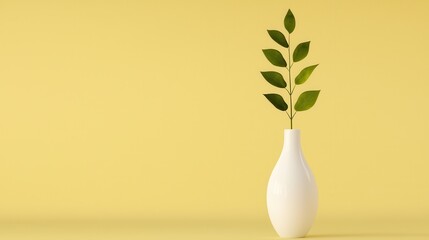single green branch in white vase stands against vibrant yellow background, creating minimalist and modern aesthetic