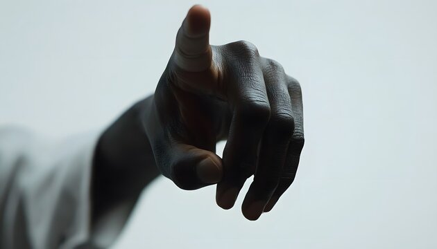 Dark skinned hand pointing directly forward with outstretched finger