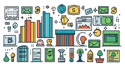 Colorful financial and business icons depicting various concepts like investment, earnings, and analysis