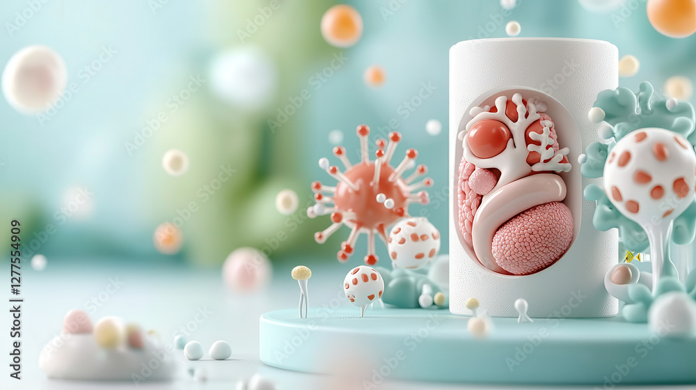 Poster 3d printed organ model surrounded by abstract biological elements, showcasing innovative transplanta