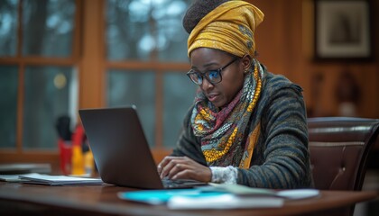 Financial Inclusion Businesswoman Working on Laptop at Desk