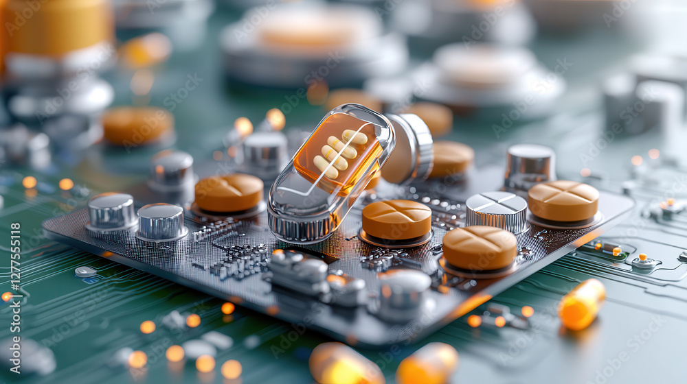 Poster futuristic circuit board features capsule with pills, symbolizing integration of technology and phar