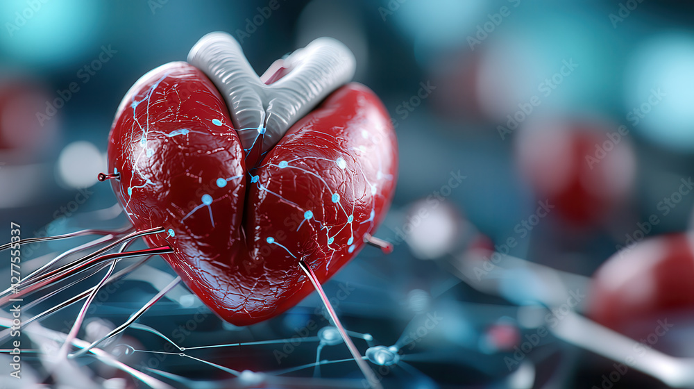 Poster futuristic heart model with integrated technology and glowing circuits symbolizes advanced medical i