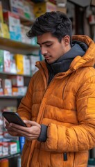 Fototapeta premium Financial Inclusion via Mobile Banking - Young Man Using App Outdoors