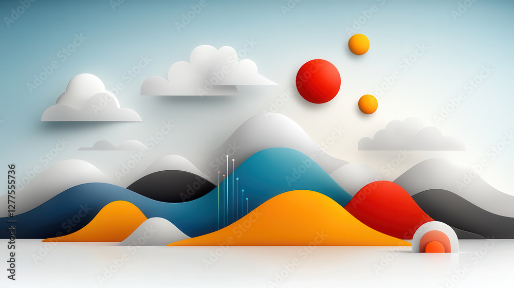 Leinwandbilder vibrant abstract landscape with colorful hills, clouds, and geometric shapes creates playful and imaginative scene. use of bold colors and simple forms adds modern touch to composition