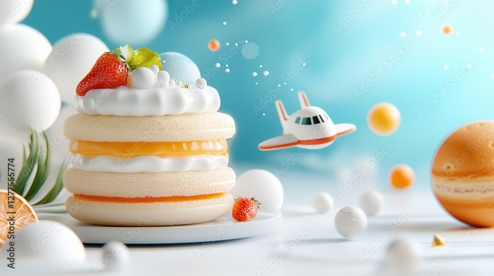 Poster futuristic 3d printed dessert with layers of cream and fruit, set in whimsical space themed environm