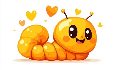 Obraz premium A cheerful, cartoon-style yellow caterpillar surrounded by floating hearts, symbolizing joy