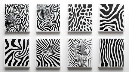 Abstract zebra print patterns on square tiles displayed on white wall