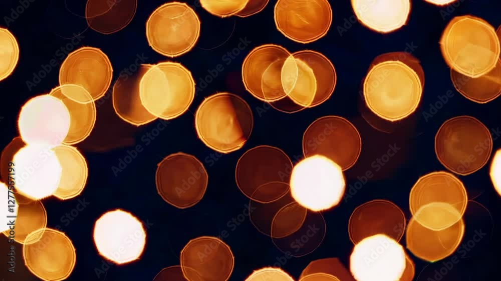 Poster Circular orange bokeh lights on dark background creating a soft ambient visual effect. Abstract festive atmosphere concept