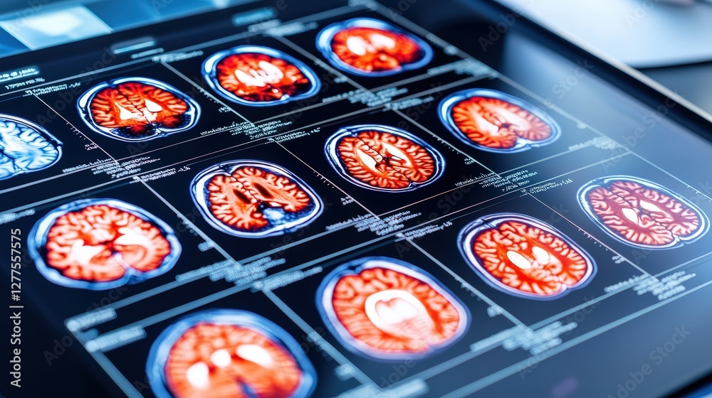 Poster a collection of brain mri scans displayed on a digital screen, showcasing various brain images with 