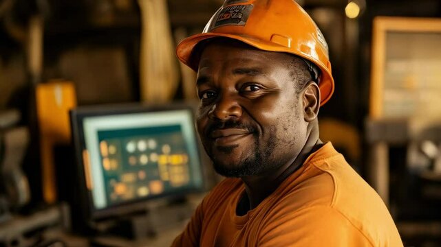 Portrait of a Smiling Black Male Engineer in an Industrial Setting Wearing an Orange Hard Hat and Shirt, Highlighting Safety and Skill in a Mechanical Environment
