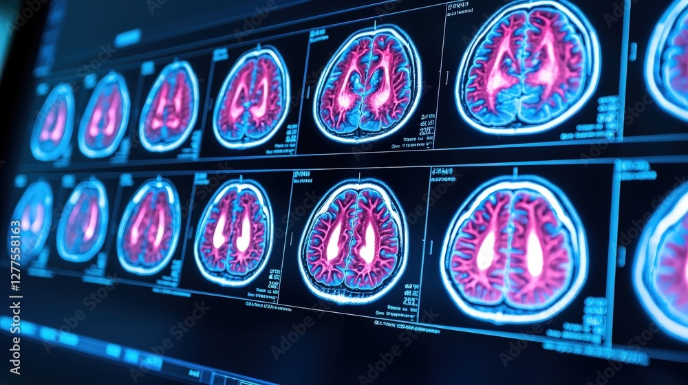 Poster a series of brain scans displayed on a digital monitor, showcasing intricate details of neural struc