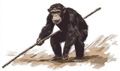 A chimpanzee using a stick as a tool while exploring a natural habitat, showcasing intelligence