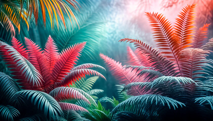 Smooth camera flight over palm leaves into tropical forest