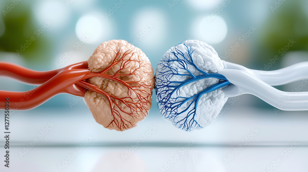 Leinwandbilder conceptual image of two brains connected by blood vessels, one natural and one AI optimized, symbolizing comparison between human intelligence and artificial intelligence