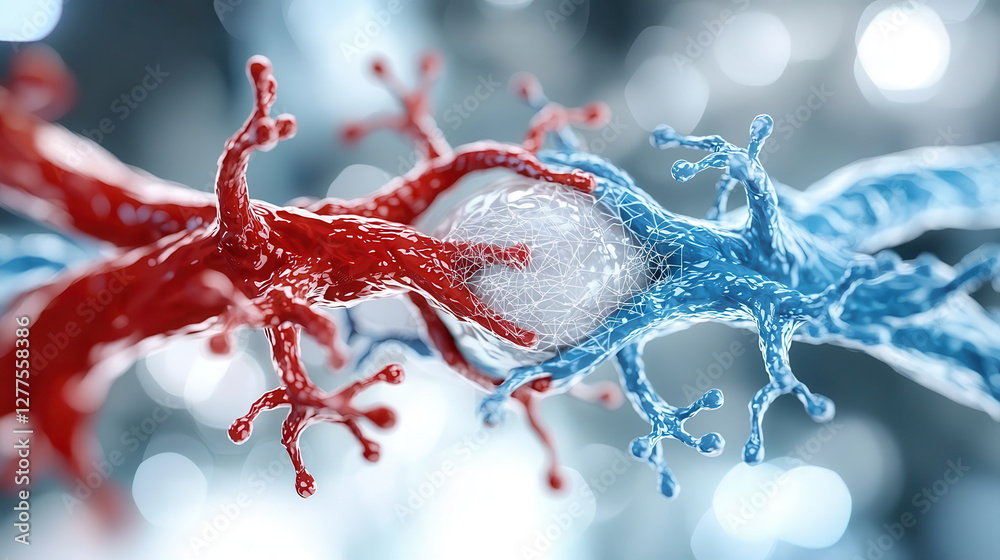 Poster digital illustration of red and blue neural networks connecting, symbolizing comparison between natural and AI optimized artificial intelligence systems