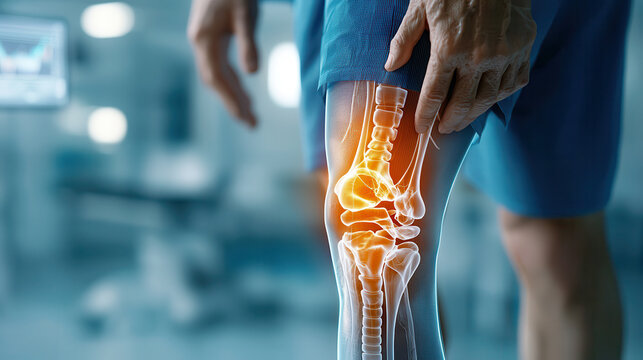 person holding their knee with digital overlay of knee joint, highlighting pain or injury, in medical setting