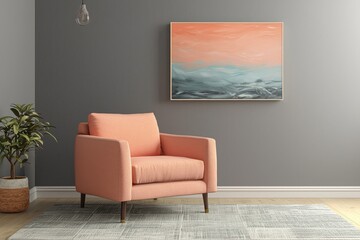 Gray wall lounge, warm peach fuzz color, peach armchair, 3D.