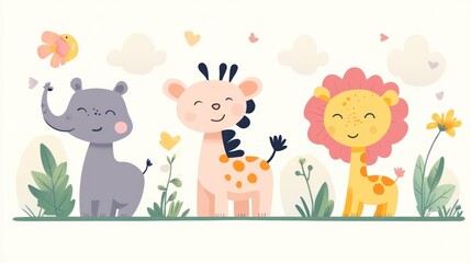 Naklejka premium Cute cartoon animals in a garden setting. Three adorable baby animals, a hippo, giraffe, and lion, happily standing in a lush, floral garden. A bird flies overhead, adding to the cheerful scene.