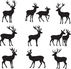Naklejka premium Dynamic deer silhouettes with black mane and tail, high-quality vector set of forest wildlife in various elegant and natural poses