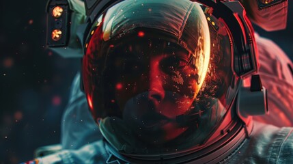 Astronaut Portrait with Reflection of Earth and Stars in Helmet, Ethereal Lighting and Cosmic Elements