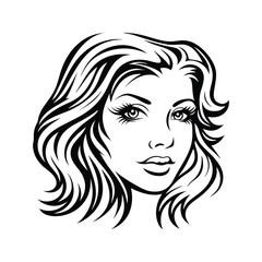 Stylized portrait of a young woman with flowing hair in a classic black and white design