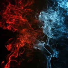 Obraz premium Abstract smoke swirls in red and blue hues blend together against a dark background, creating a captivating visual contrast.