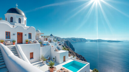 Fototapeta premium Scenic view of white houses and blue domes on Santorini