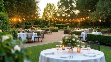 Fototapeta premium Garden party sunset, elegant tables, lush greenery