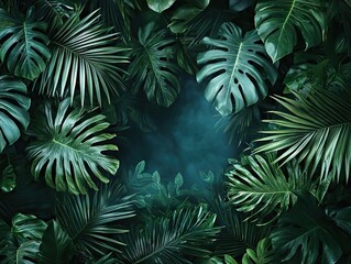 Fototapeta premium Lush green leaves surrounding tranquil space tropical forest nature photography calm environment top view serenity