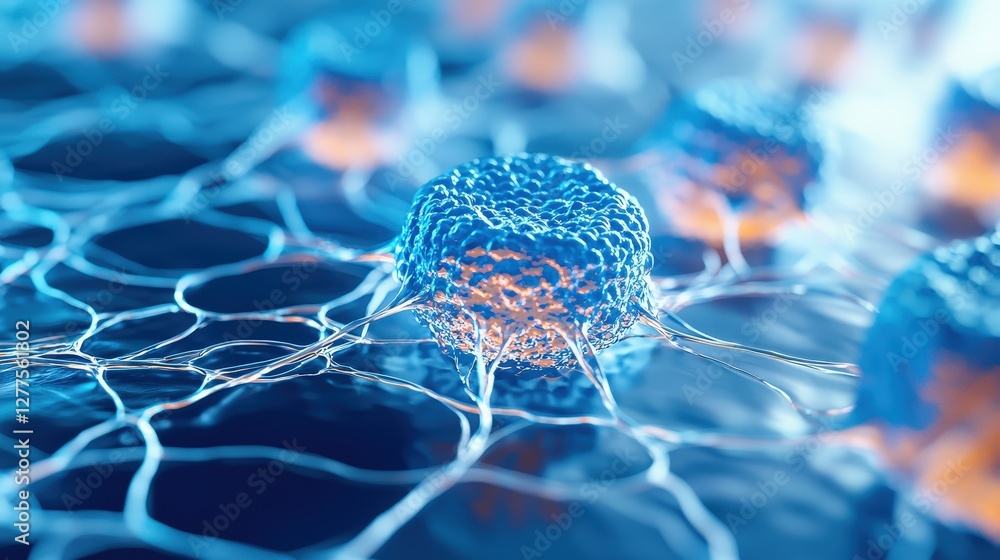Poster a vibrant, close-up image of interconnected cells displaying intricate structures and a glowing netw