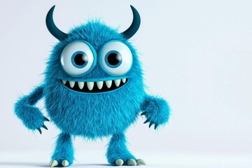 minimal photostock of a  Cute blue furry monster 3D cartoon character , isolated on white background,  , copy space, copy space for text,