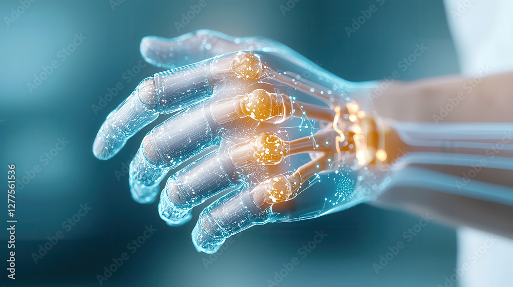 Poster digital representation of human hand with glowing elements, showcasing advanced technology and innovation. image highlights integration of AI driven features in futuristic design