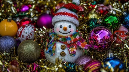 Festive Snowman with Colorful Scarf and Hat surrounded by Christmas Ornaments in a Bright Setting
