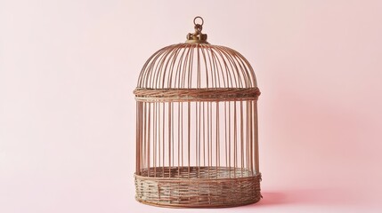 Elegant Rustic Wicker Birdcage with Delicate Bars on Pink Background