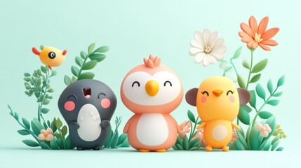 Cute cartoon animals in a garden setting. Three stylized, cartoon birds and a penguin stand among flowers and plants.