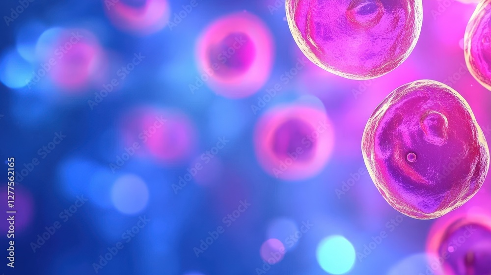Poster a vibrant close-up of colorful cells floating in a dreamy background, representing biological struct