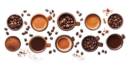 A beautiful display of various coffee preparations featuring beans, ground coffee, and different cups of coffee ready for tasting and enjoyment.