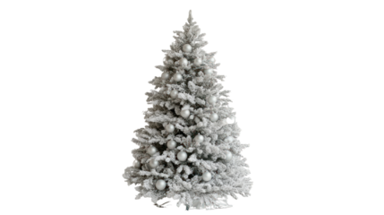 A beautifully adorned artificial Christmas tree, frosted with snow and shimmering ornaments, perfect for holiday celebrations and festive decorations.