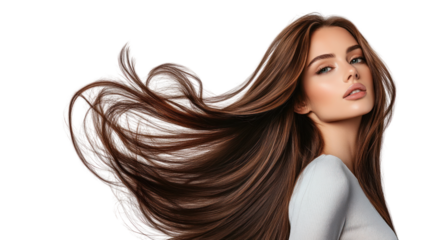 A beautiful woman with flowing hair poses elegantly, showcasing her graceful features and confidence. Perfect for beauty and fashion themes.