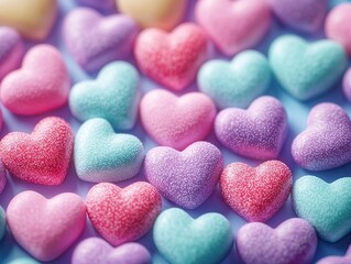 Fototapeta premium Colorful heart-shaped candy sweet treats close-up playful setting top-down view love concept for celebrations