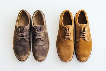A comparison of worn vs. new suede shoes side by side on a bright white backdrop.