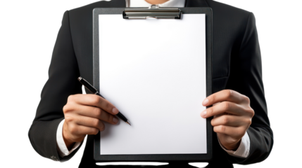 A businessman holds a blank clipboard, ready for notes. Ideal for presentations, meetings, and professional environments.