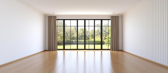 Obraz premium minimal photostock of a empty living room with vintage oak floor and striped vinyl wallpaper , isolated on white background, , copy space, copy space for text,