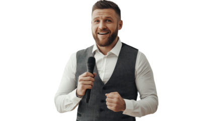 A charismatic speaker passionately engaging the audience with a microphone in hand. His confident demeanor and genuine smile create an inviting atmosphere.