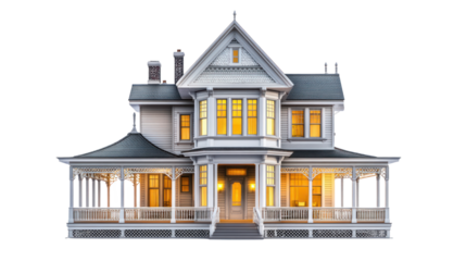 A charming Victorian-style house with large windows and a welcoming porch, illuminated at dusk, capturing a warm and inviting atmosphere for viewers.