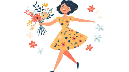 A cheerful woman in a floral dress joyfully holds a bouquet of colorful flowers, embodying happiness and celebrating nature's beauty.