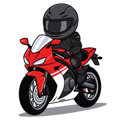 Cartoon motorcyclist wearing a full helmet, riding a red sports bike in a dynamic and fast-paced design