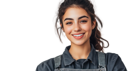 A cheerful young woman with curly hair smiles confidently, showcasing her friendly demeanor. She's dressed in work attire, ready for any task ahead.