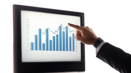 A close-up of a business person's hand pointing at a graph displayed on a computer screen, illustrating financial growth and data analysis.